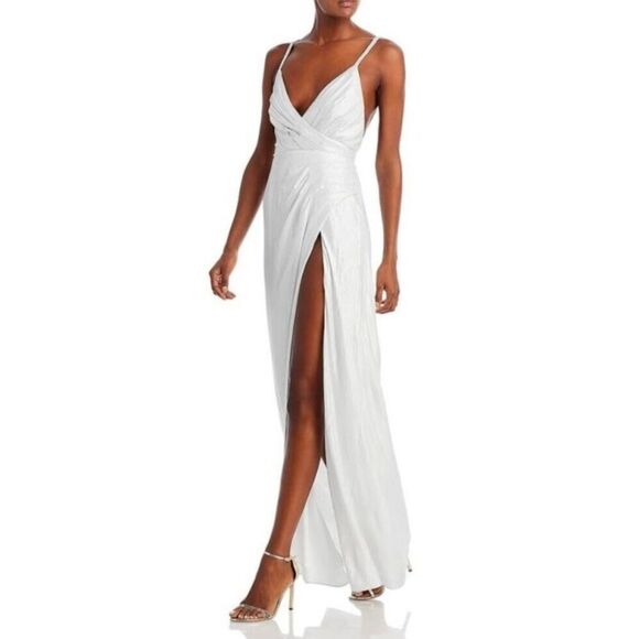 Retrofete Yesi Pleated Metallic Lamé Gown Women's S Silver/White Slit Lined Slee - Picture 1 of 12